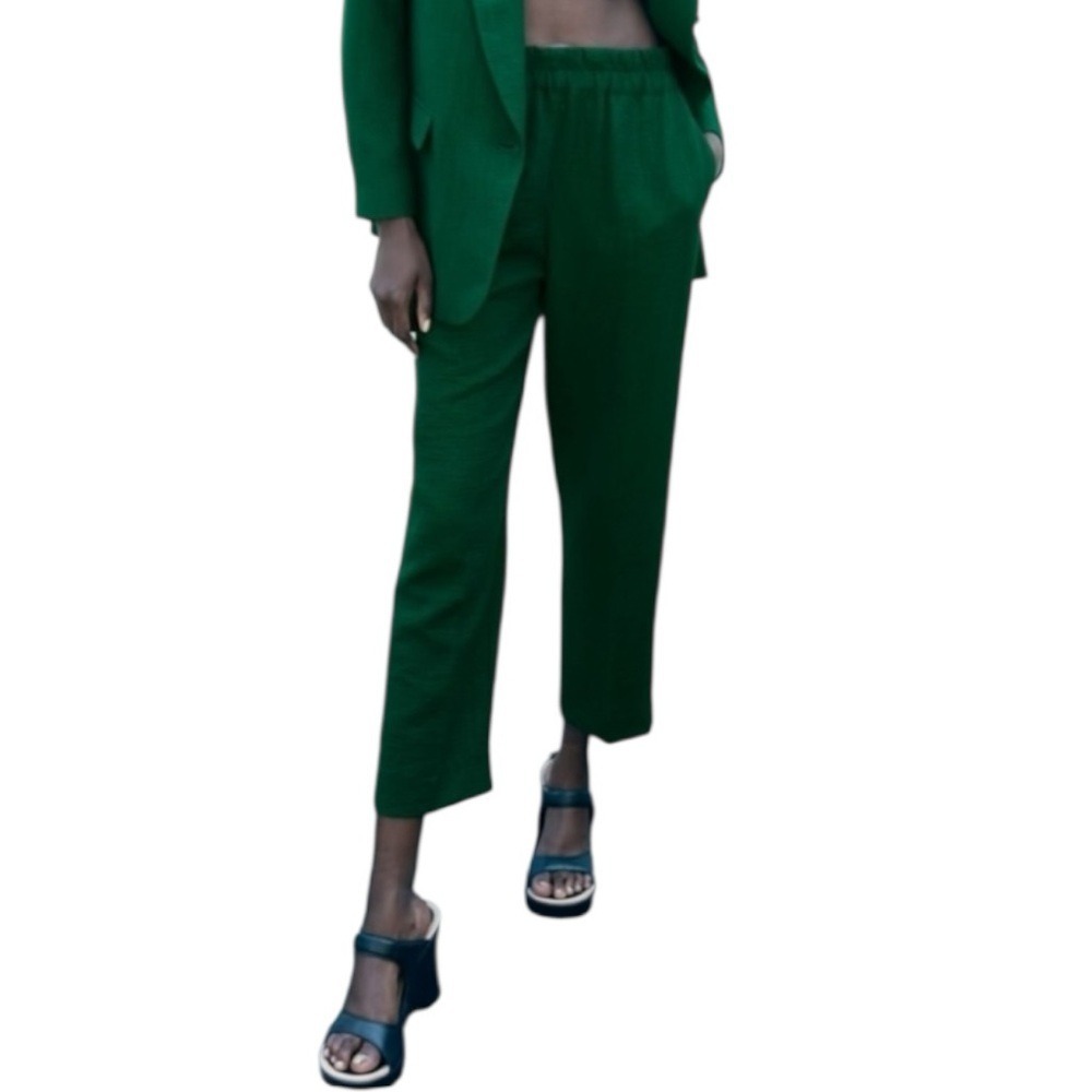 Zara Pants Womens Small Green Solid‎ Textured Gauze Pull On High Waist Straight
